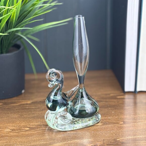 Vintage Glass Duck Bud Vase Clear Handblown Etched Glass Bird Figurine Vase - Picture 1 of 16